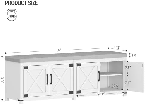 Hzuaneri 59" Shoe Storage Bench, with Soft Padded Seat Cushion & Doors