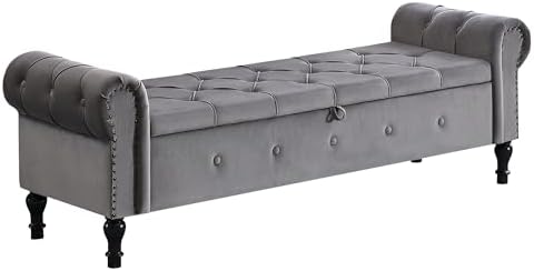 Storage Bench 67" Velvet End of Bed Benches Dark Grey