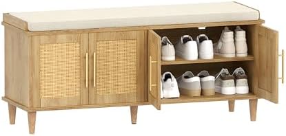 Akxomel 47.2" Rattan Shoe Storage Bench 4 Doors Wooden Entryway Bench Oak