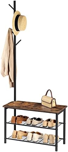 HOOBRO Coat Rack Shoe Bench, 3-Tier Shoe Rack, Industrial Storage Bench