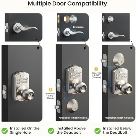 Veise KS03 Keypad Door Knob, Keyless Entry Lock with Handle, Satin Nickel