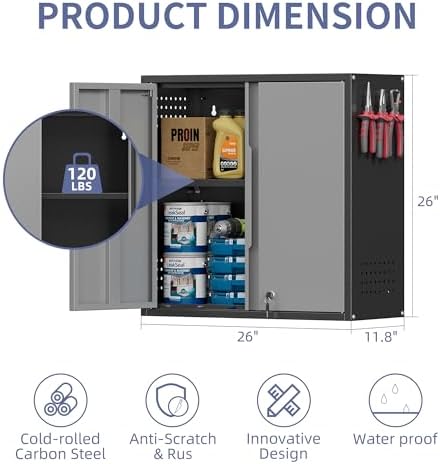 Garage Wall Cabinet, Metal Garage Cabinets with 2 Doors and Adjustable Shelf,...
