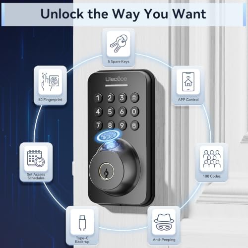 Ulecoce U68 Fingerprint Keypad Deadbolt with Knob Set, Matte Black