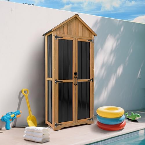 Outdoor Storage Cabinet Waterproof, Outdoor Storage Shed with Shelves, Wood &...