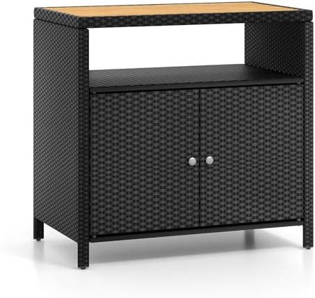 Rattan Storage Cabinet, Outdoor & Indoor Sideboards with Acacia Wood Coun...