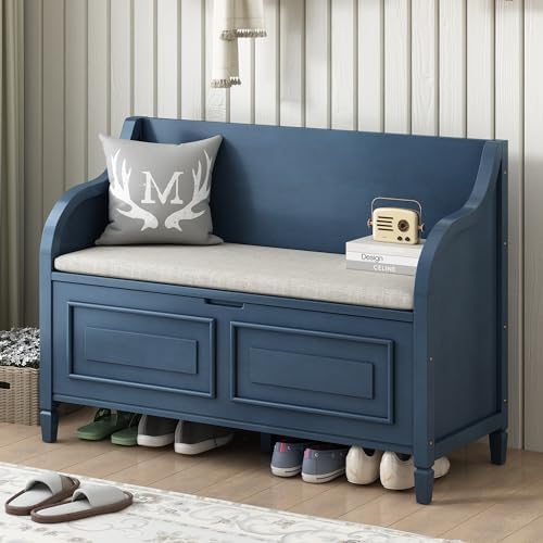 42" Rustic Storage Bench Entryway Bench Shoe Cabinet Ottoman (Antique Navy)