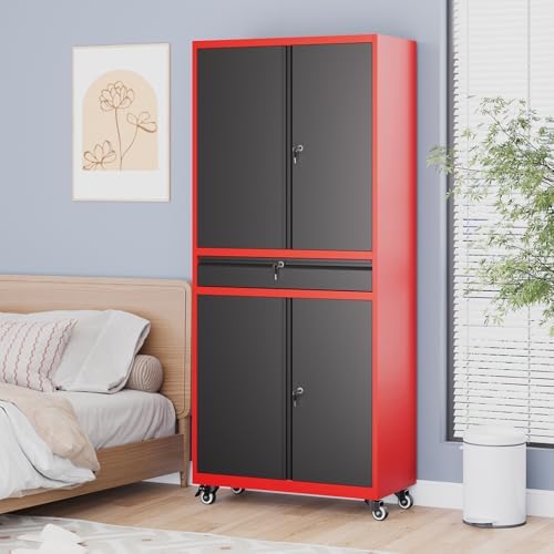 Metal Garage Storage Cabinet with Wheels, Rolling Garage Cabinet with Locking...