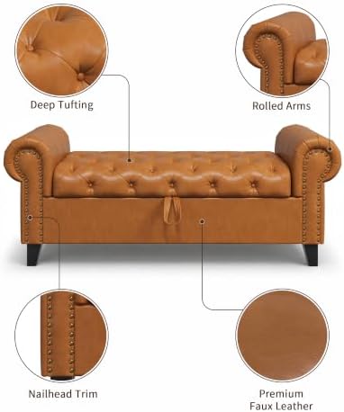 51 Inch Faux Leather Storage Bench with Rolled Arms, Chesterfield Tufted Otto...