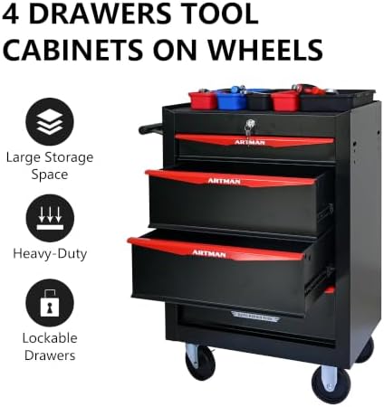 Heavy Duty 4-Drawer Rolling Tool Chest, Key Lock Tool Storage Cabinet with Lo...