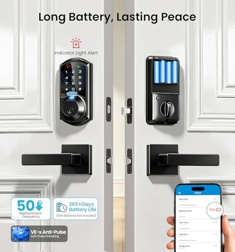 Veise VE07 Fingerprint Smart Deadbolt Lock, App Control, Fobs, Matte Black