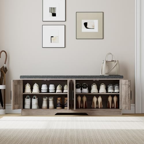HOMSHO Farmhouse Shoe Storage Bench with 4 Barn Doors & Padded Seat Cushion