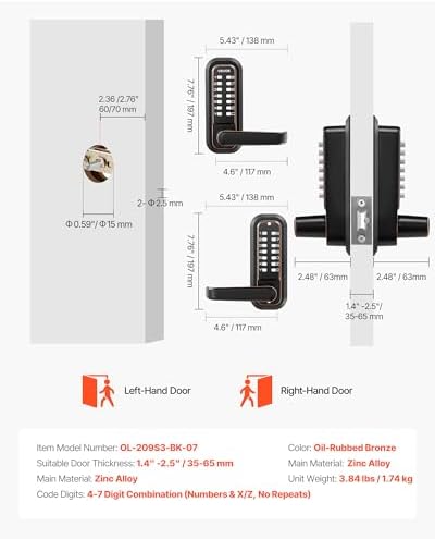 VEVOR Mechanical Keyless Entry Door Lock, 2.0 Code Upgrade, 4-7 Digits Code, ...