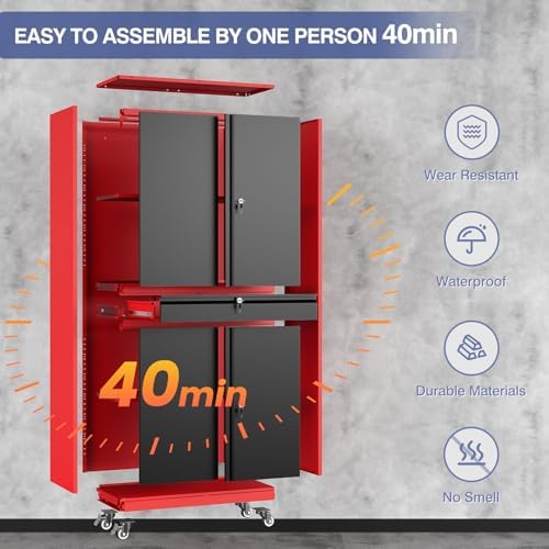 Metal Garage Storage Cabinet with Wheels, Rolling Garage Cabinet with Locking...