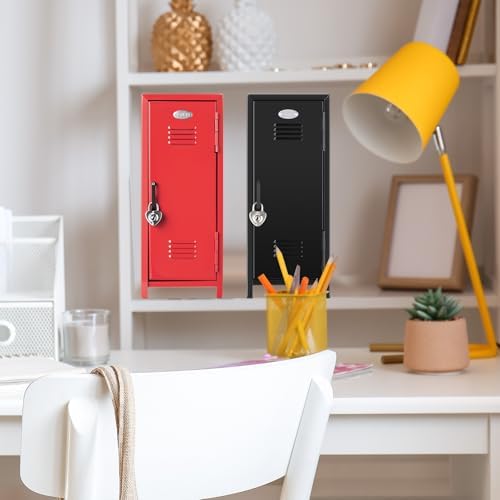 Vercraft 2 Pcs Mini Metal Locker with Lock, 10.8 Inch Safe Box, Red,Black