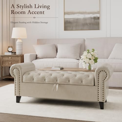 51 Inch Faux Leather Storage Bench with Rolled Arms, Chesterfield Tufted Otto...