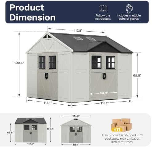 Greesum 10x10FT Resin Outdoor Storage Shed with Three-Sided Doors, Beige