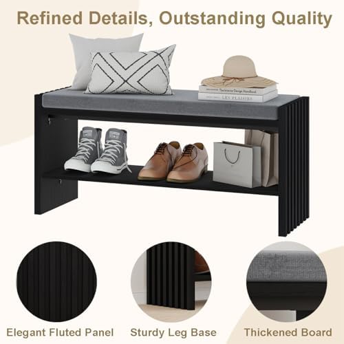 BON AUGURE Entryway Shoe Bench with Storage & Cushion for Mudroom, Black