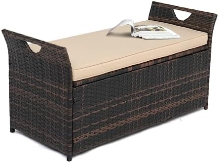 VINGLI 40 Gallon Outdoor Storage Bench with Cushion, Rattan Storage Box, Pati...