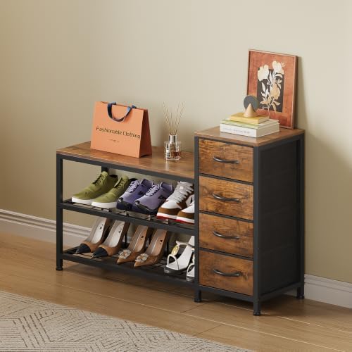 EXOTICA Industrial Shoe Storage Bench with 4 Drawers & Seat, Rustic Brown