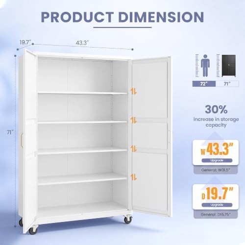 Metal Garage Storage Cabinet with Wheels, Wide & Deep Storage Cabinet wit...
