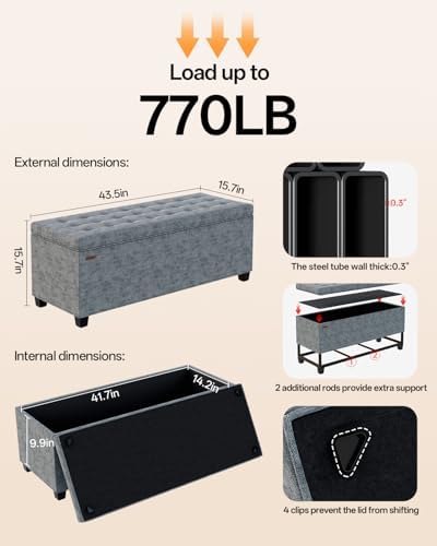 ABHENG Chenille Storage Ottoman Bench with Legs, 43.5”W x 15.7”D x 15.7”H,Met...