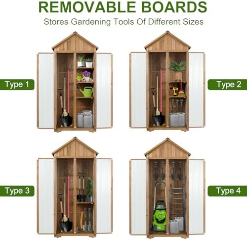 Wood & Metal Outdoor Storage Cabinet with Waterproof Roof, Garden Tool Sh...