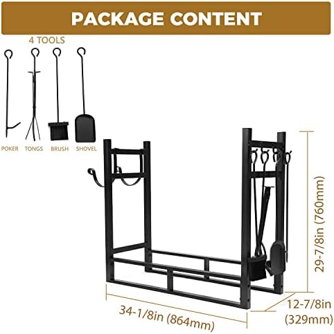 HECASA 33 Inch Firewood Rack w/Kindling Holder Include Shovel Poker Tongs Bru...