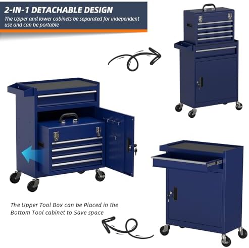 5-Drawer High Capacity Rolling Tool Box, Removable Cabinet Storage Tool Chest...
