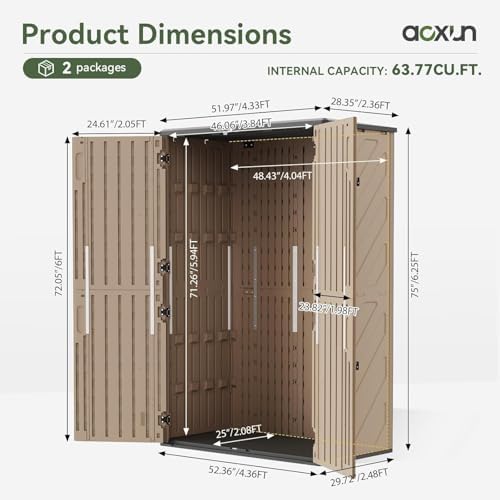 Aoxun Outdoor Storage Shed, 64 Cu.Ft Vertical Storage Sheds, Brown