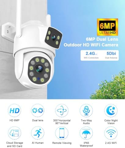 EVERSECU Dual Lens Linkage 6MP WiFi PTZ Security Camera Outdoor, 360° View, A...