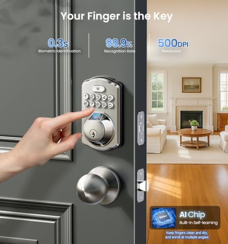 Veise KS02C Fingerprint Deadbolt Door Lock with Knob Set, Satin Nickel