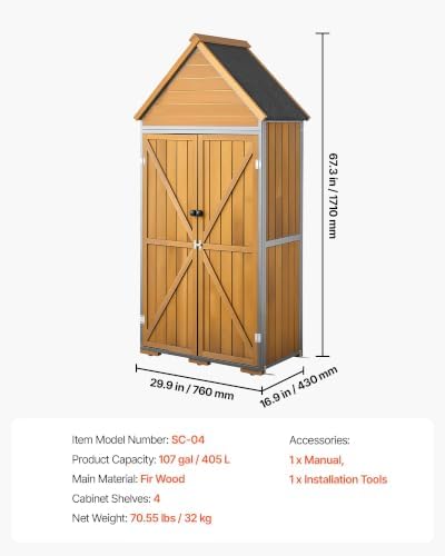 VEVOR Outdoor Storage Shed, 30" x 66.93" Wood & Metal Garden To...