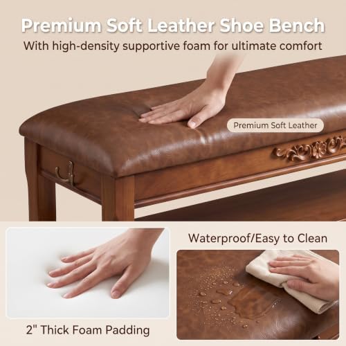 Solid Wood Shoe Rack Bench Entryway Storage with Leather Cushion, 39.4”
