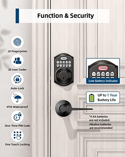 TEEHO TE002L Fingerprint Door Lock with 2 Lever Handles, Keyless Entry Deadbo...
