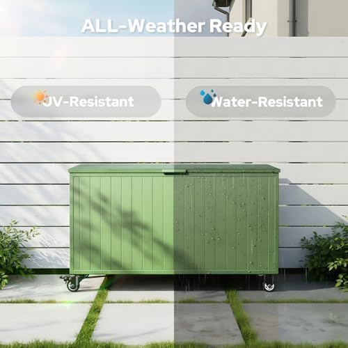 150 Gallon Outdoor Storage Box with Wheels, Metal Deck Boxes,Green