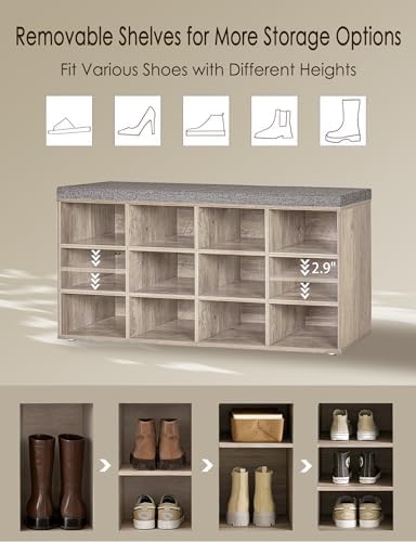 DINZI LVJ Shoe Storage Bench with Cushion, 40.9" Cubby Shoe Rack, 12-Cubby