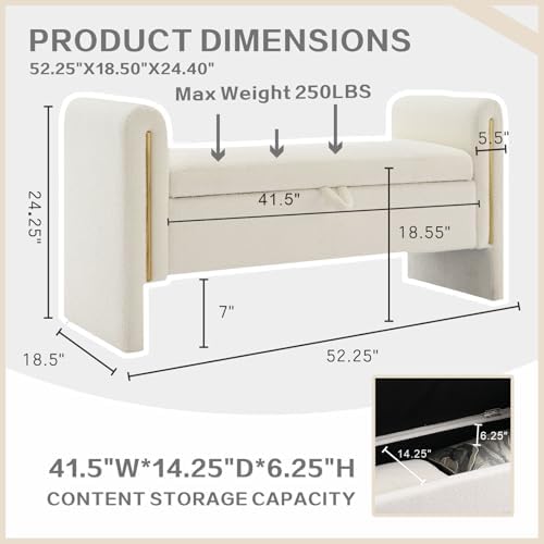 52" Upholstered Storage Bench, White, Armrests, Wood Frame