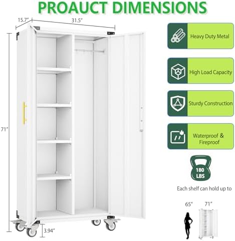 71" Tall Broom Closet Storage Cabinet with Hanging Rod for Cleaning Supp...