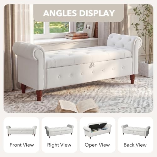 NIOIIKIT 63'' Storage Ottoman Bench, Tufted Entryway Bench White Poly...