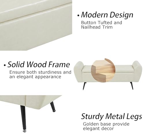 56" Faux Leather Storage Bench for Bedroom King Size Bed, Beige