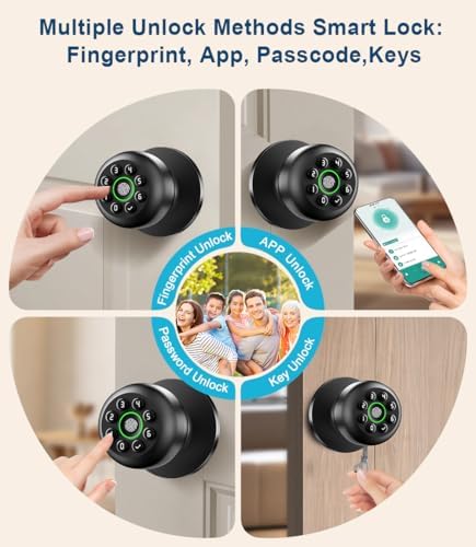 Smart Fingerprint Door Knob with Keypad, Fingerprint Door Lock, Matte Black