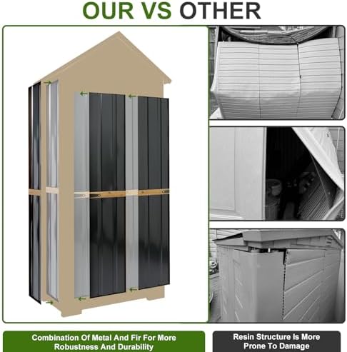 Wood & Metal Outdoor Storage Cabinet with Waterproof Roof, Garden Tool Sh...