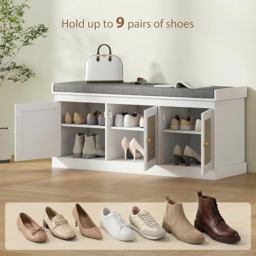 HOMCOM Shoe Bench Storage Rattan Doors 13.8 x 41.3 x 18.5 Inches White