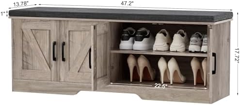 HOMSHO Farmhouse Shoe Storage Bench with 4 Barn Doors & Padded Seat Cushion