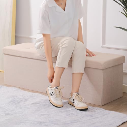 Storage Ottoman Bench Foldable Footrest Foot Stool, 45" Fabric Beige
