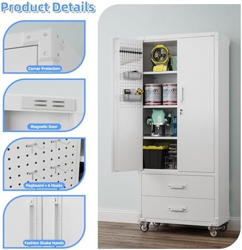 Metal Garage Storage Cabinet with Wheels, 2 Drawers and Pegboard, White