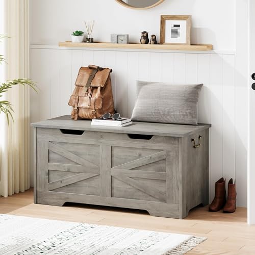 IDEALHOSUE 39.4" Storage Chest, Wooden Storage Bench with Safety Hinge, ...
