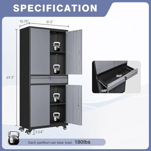 73" Metal Garage Storage Cabinet with Wheels， Rolling Tool Storage with ...