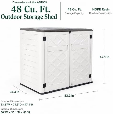 ADDOK Outdoor Storage Cabinet, 48 Cu.Ft Horizontal Resin Storage Shed