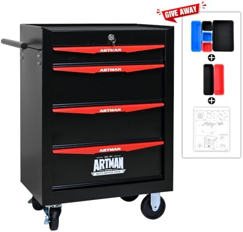 Heavy Duty 4-Drawer Rolling Tool Chest, Key Lock Tool Storage Cabinet with Lo...